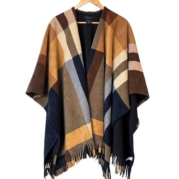 Rachel Roy Plaid Fringe Poncho Wrap Cape Shawl – Neutral Colorblock OS - Picture 6 of 10